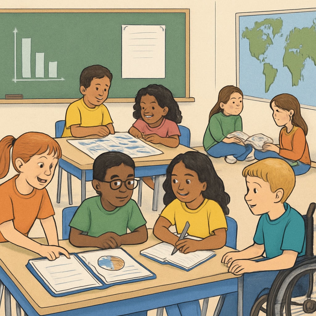 A classroom setting showing students engaged in collaborative activities, symbolizing inclusivity and diverse learning styles. Students collaborating in a classroom, representing the challenges of talent labels in education.