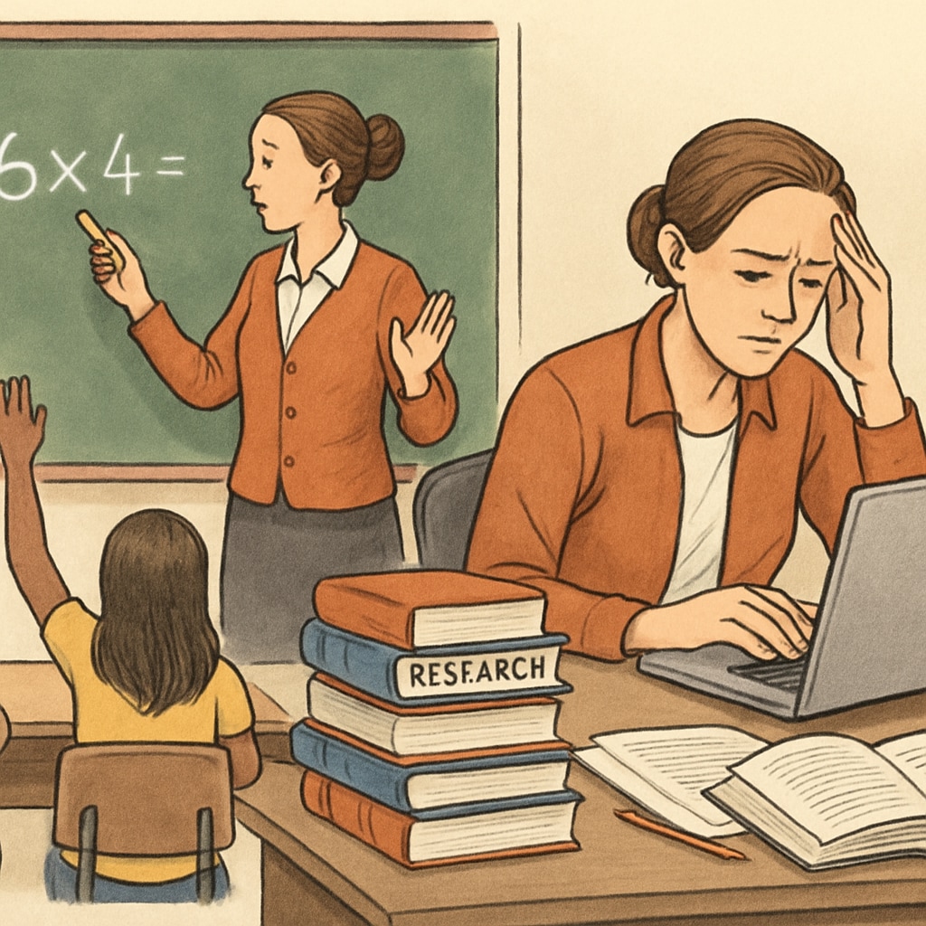 Teacher multitasking between teaching and research in a classroom setting.