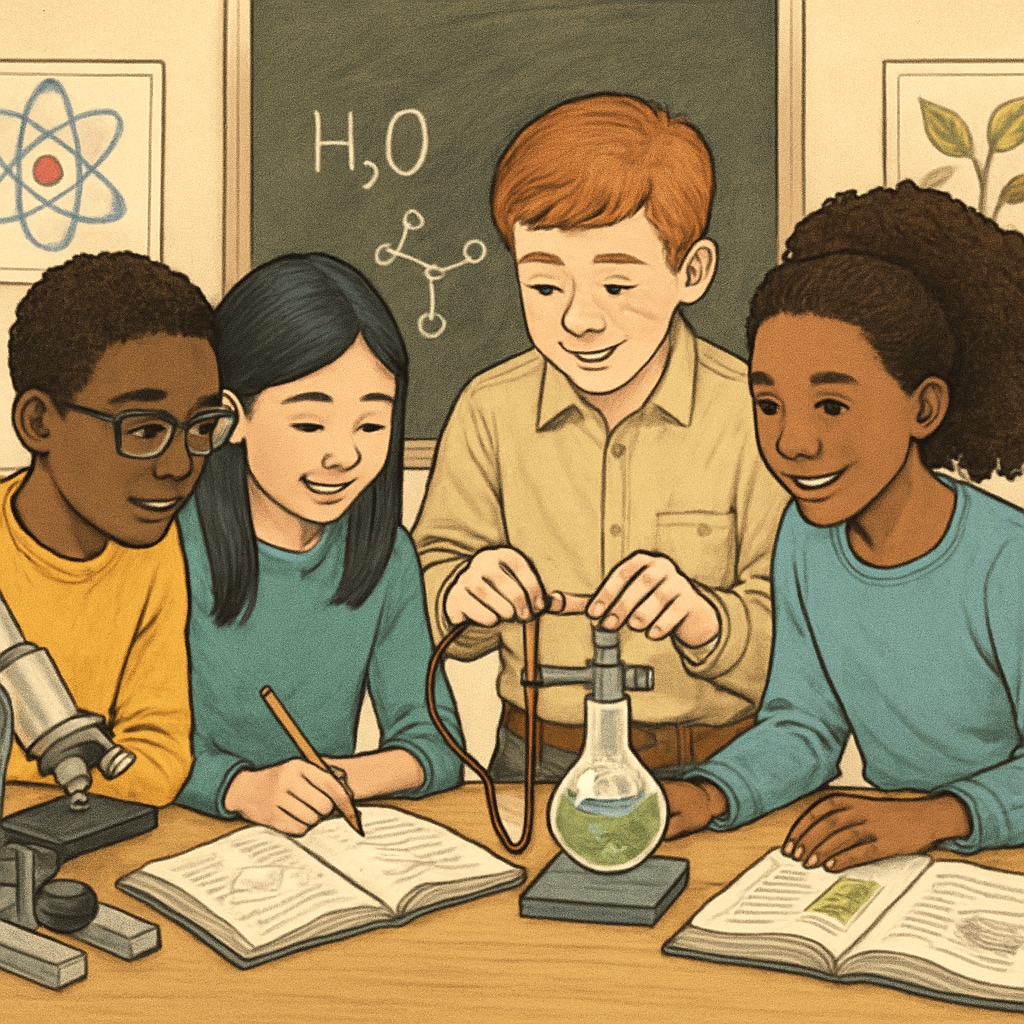 A diverse group of students collaborating on a science project, emphasizing equal opportunities and teamwork. Group of students working on a science project, showcasing equity in educational systems.
