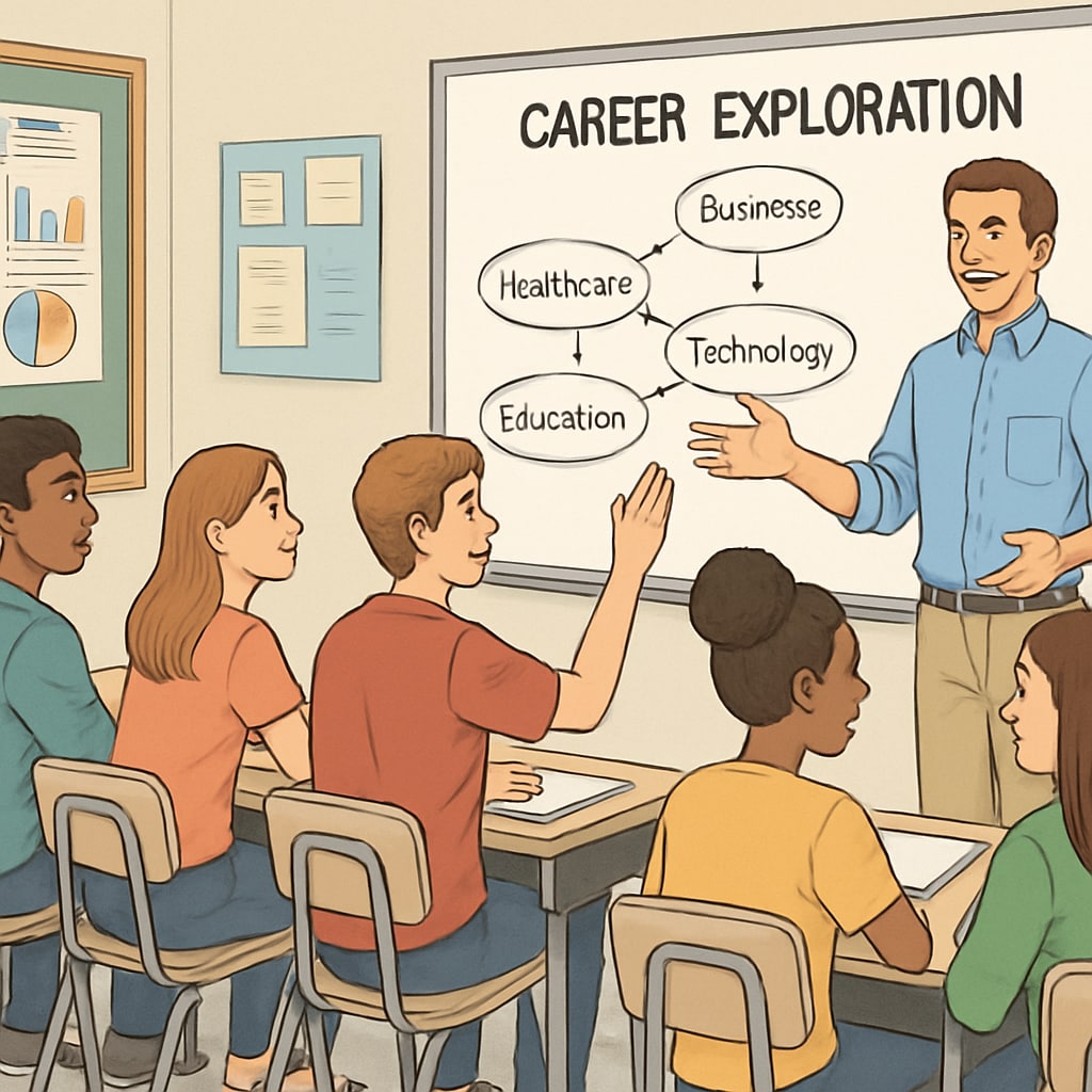 A group of high school students engaging in a career exploration workshop, discussing potential career paths with their teacher. High school students in a career workshop discussing learning motivation, major selection, and future career paths.