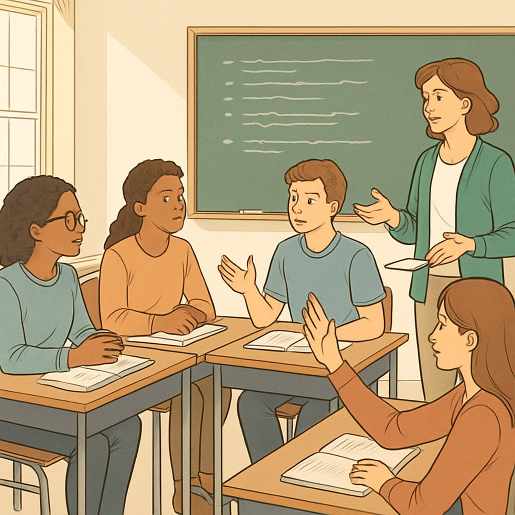Students participating in a reflective classroom discussion, representing post-class learning and motivation theory.