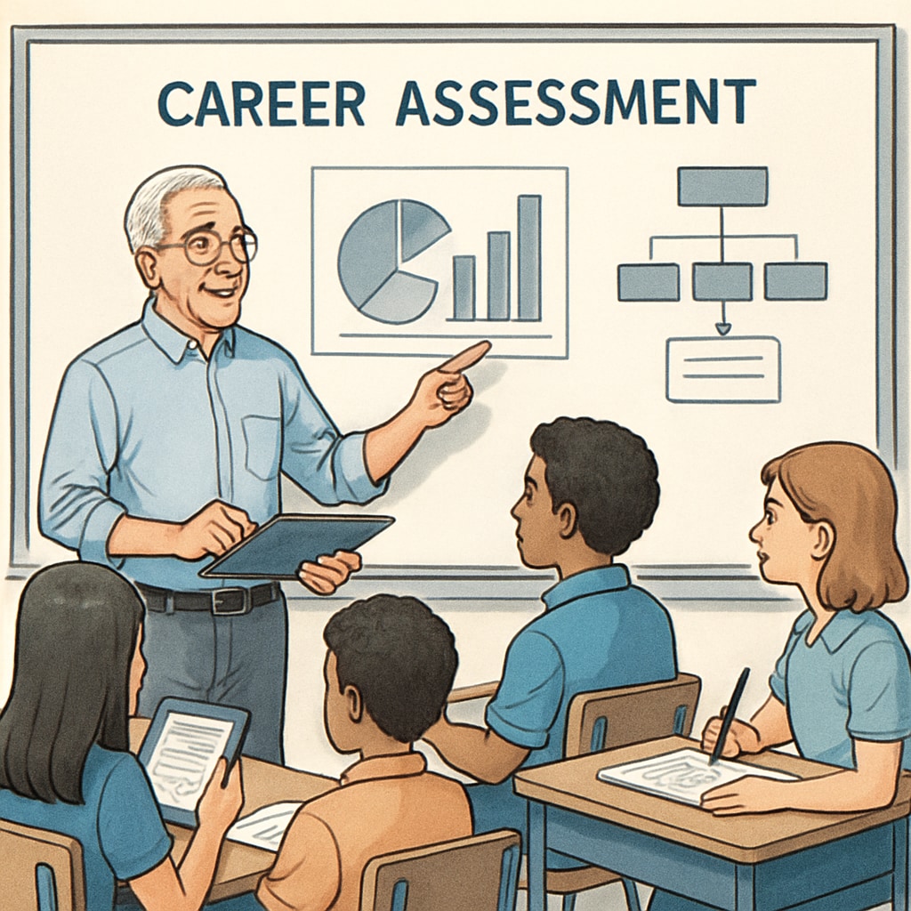 An experienced teacher guiding students through a career assessment activity, using visual aids and interactive tools. Teacher guiding students in a career assessment activity to address learning motivation and academic challenges.