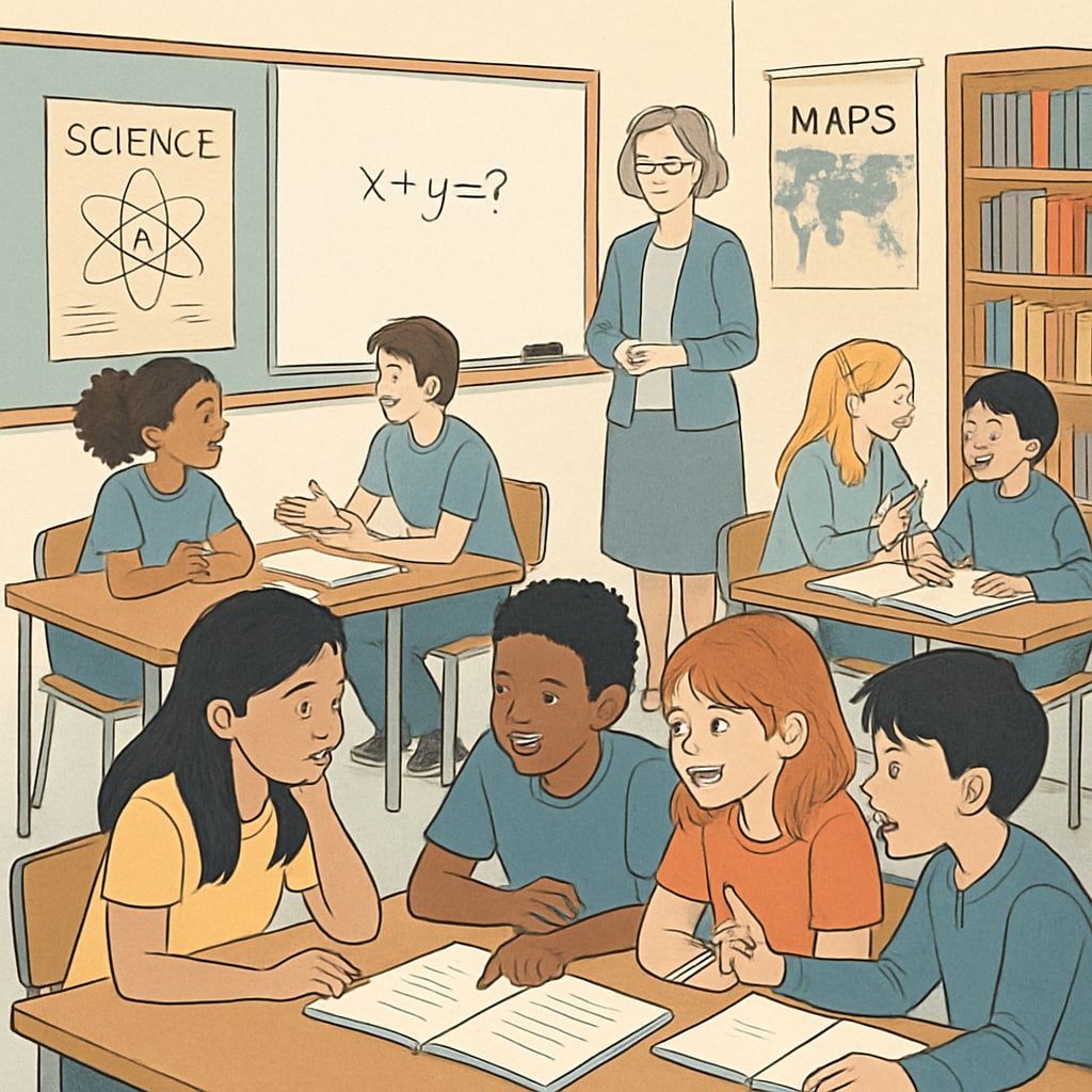 A classroom setting where students engage in group discussions to build teamwork and critical thinking skills. Students in a classroom discussing ideas to foster teamwork and critical thinking.