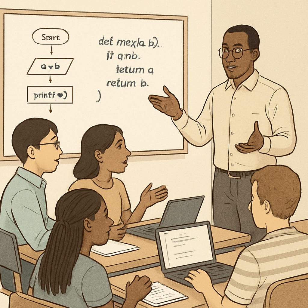 A group of diverse adult learners engaged in a classroom setting, discussing a programming problem. Adult learners in a classroom setting discussing programming, related to school education, age, and learning programming.