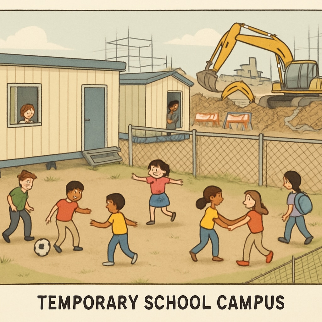 Temporary school campus during reconstruction with limited student activity space.