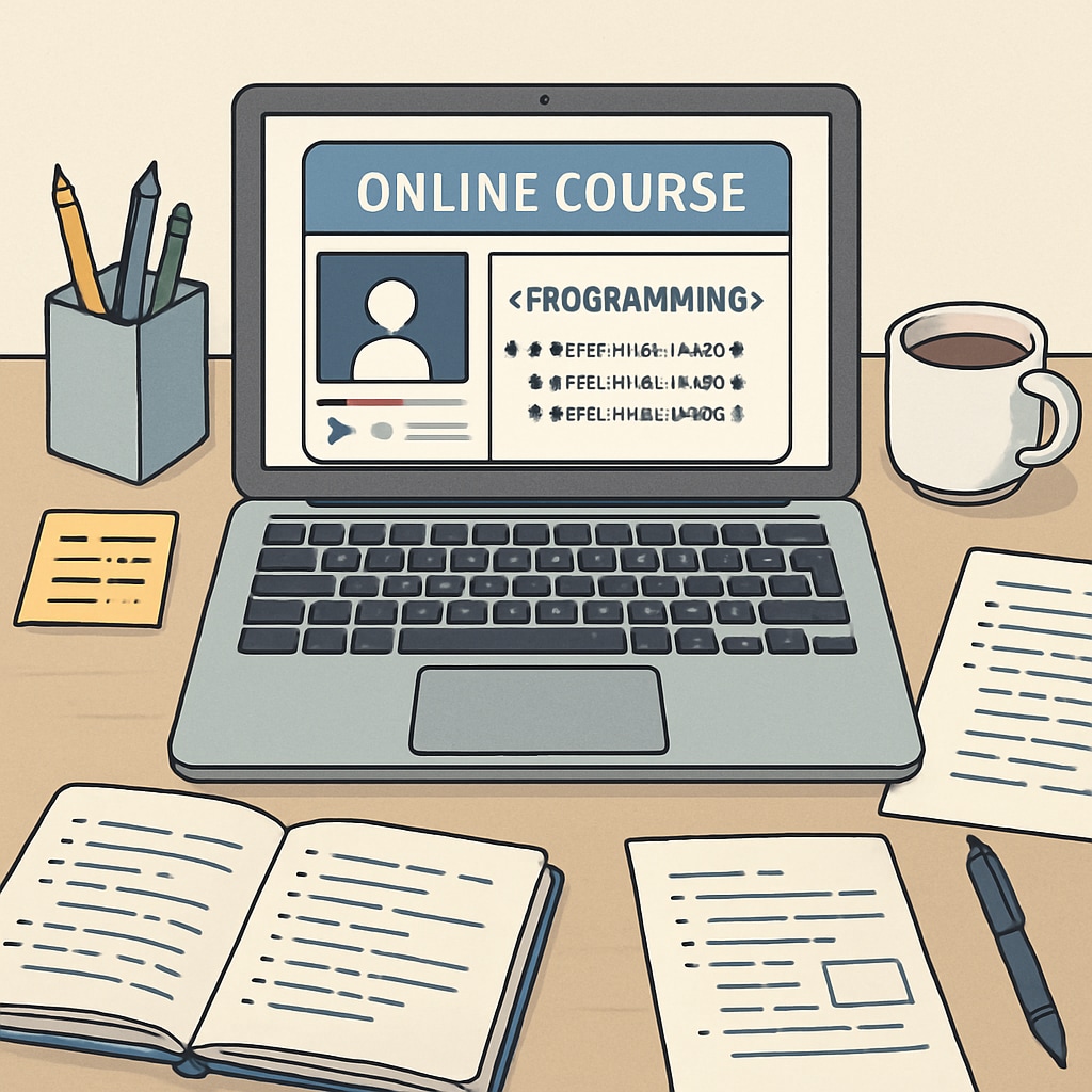 A home office setup with a laptop displaying an online programming course, surrounded by notes and a coffee cup. Online learning setup for programming, illustrating an alternative to formal school education for adults.