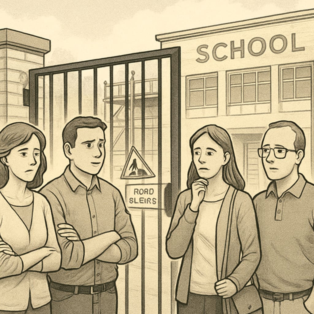 Concerned parents outside a school during reconstruction, illustrating limited engagement.