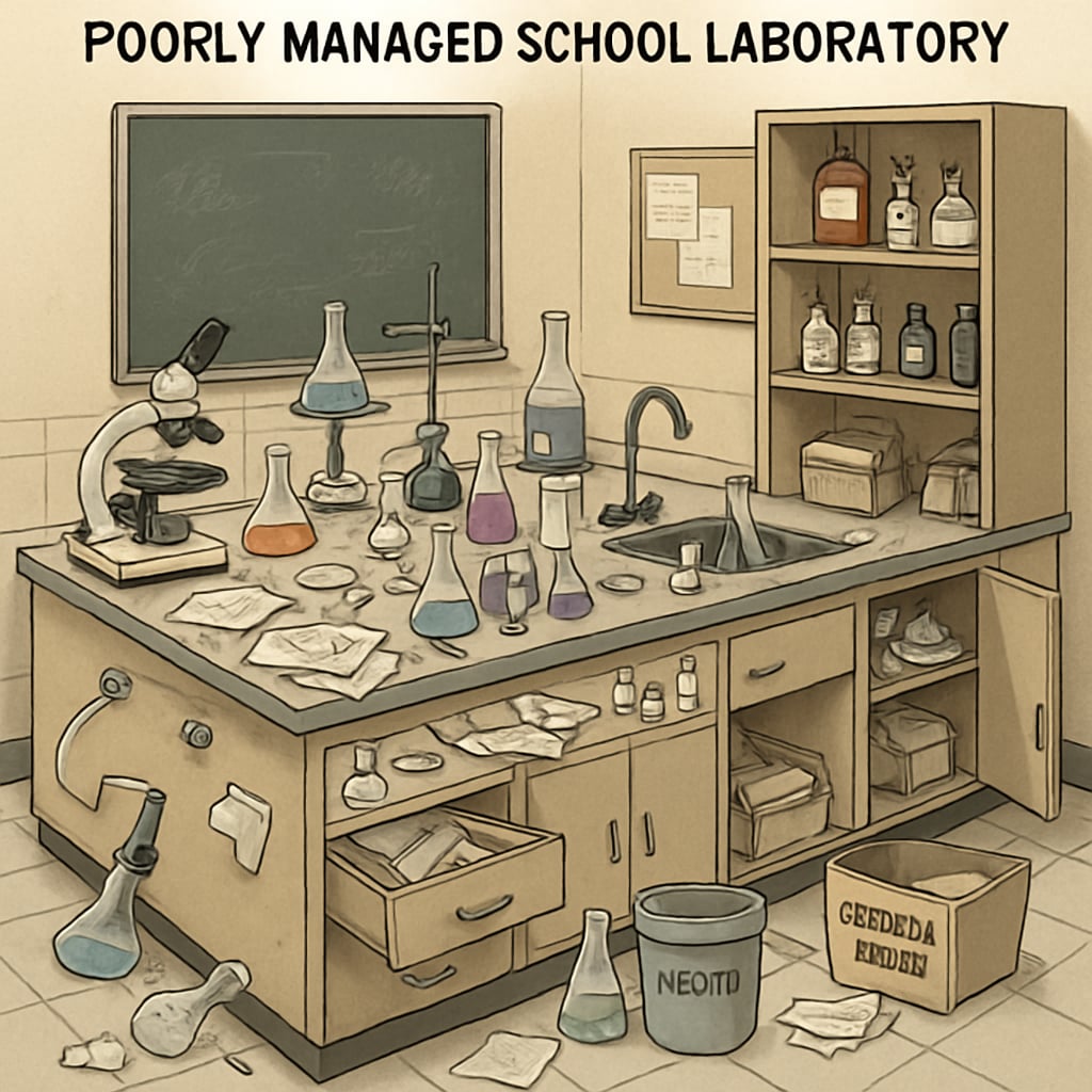 Poorly managed school laboratory with chemicals; highlights lab safety concerns.