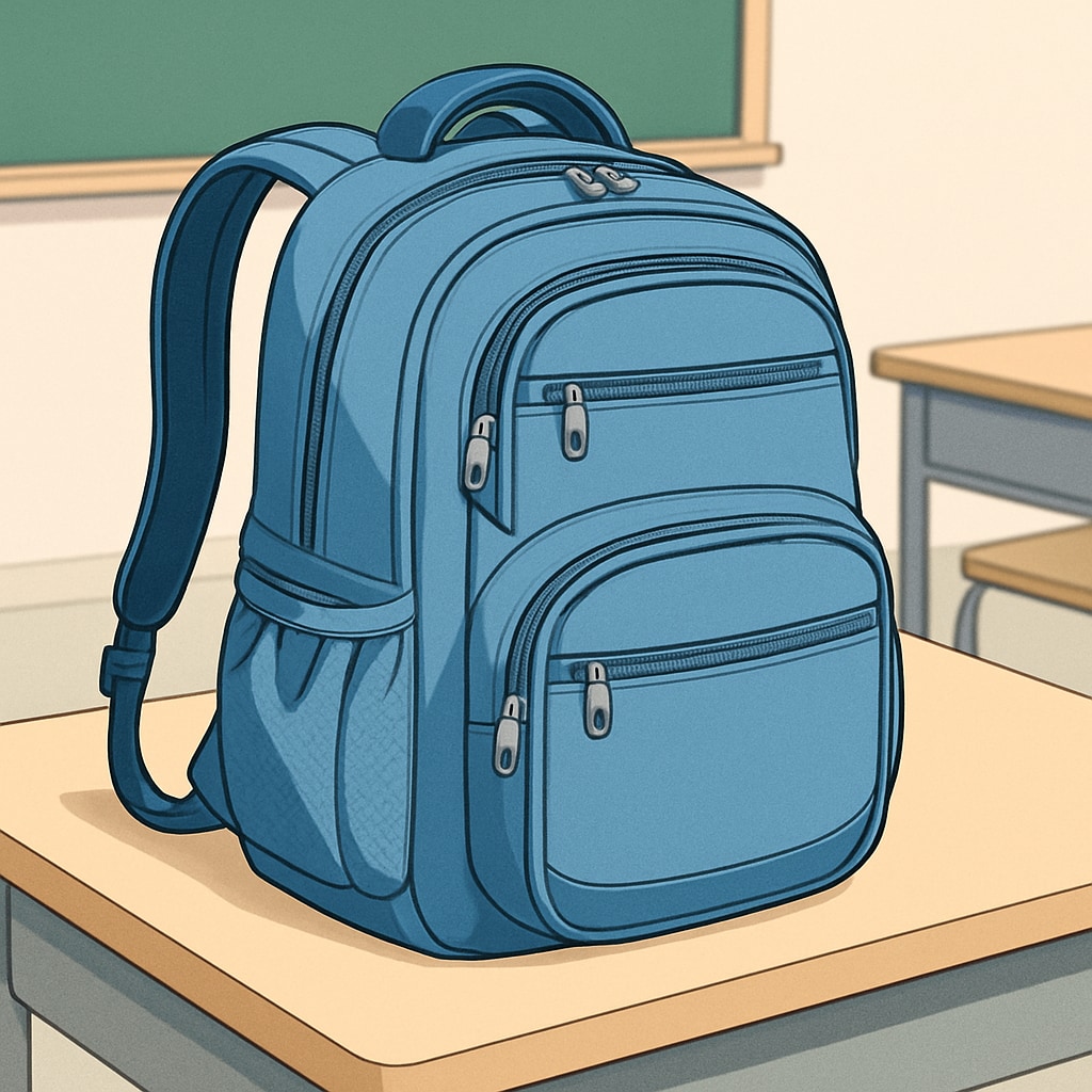 A visually appealing image of a student backpack with multiple compartments and ergonomic straps, placed on a classroom desk. Student backpack with ergonomic straps and compartments