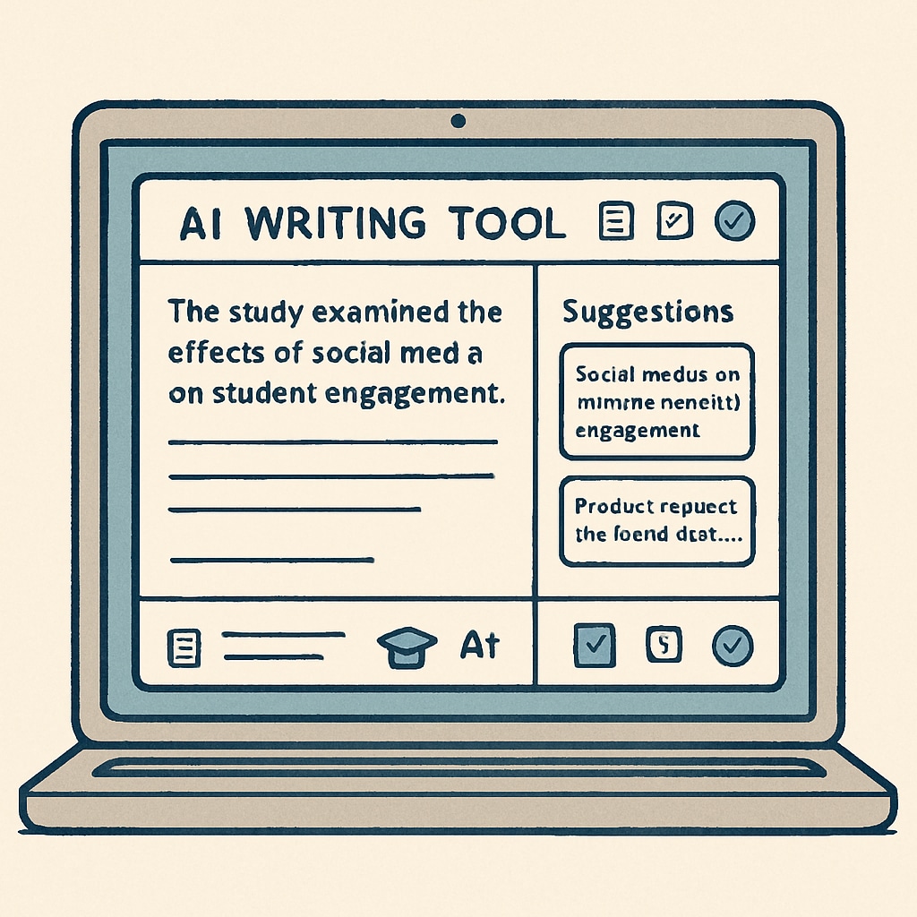 Laptop screen with AI writing tool interface highlighting academic integrity challenges.