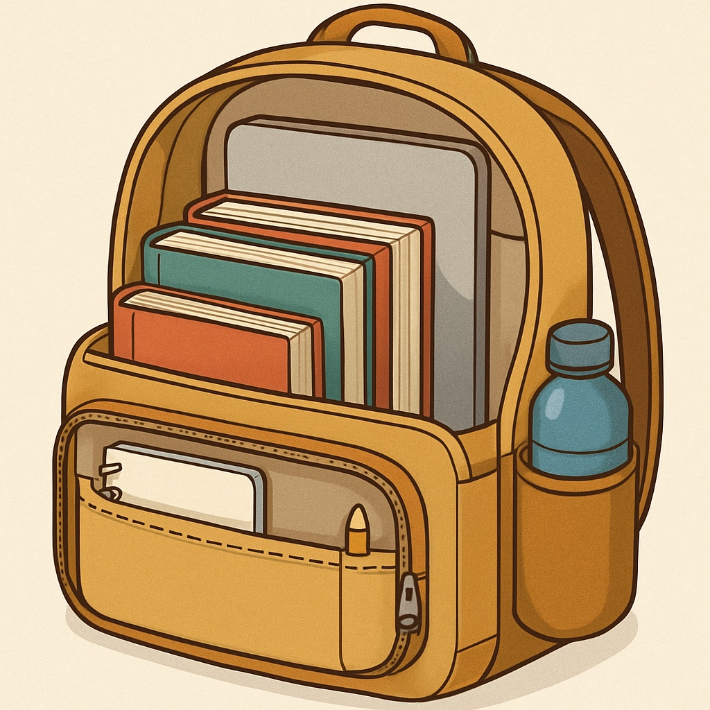 A close-up image showing the interior of a backpack, emphasizing well-organized compartments with books, a laptop, and a water bottle neatly arranged. Backpack interior with organized compartments