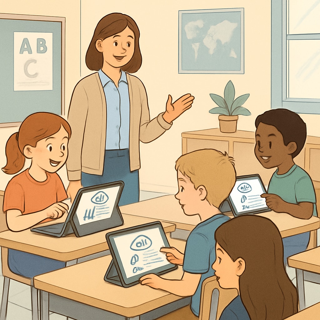 A classroom scene with students using tablets and AI-powered educational software. The image highlights the integration of technology in education. Students in a classroom using AI-powered learning tools