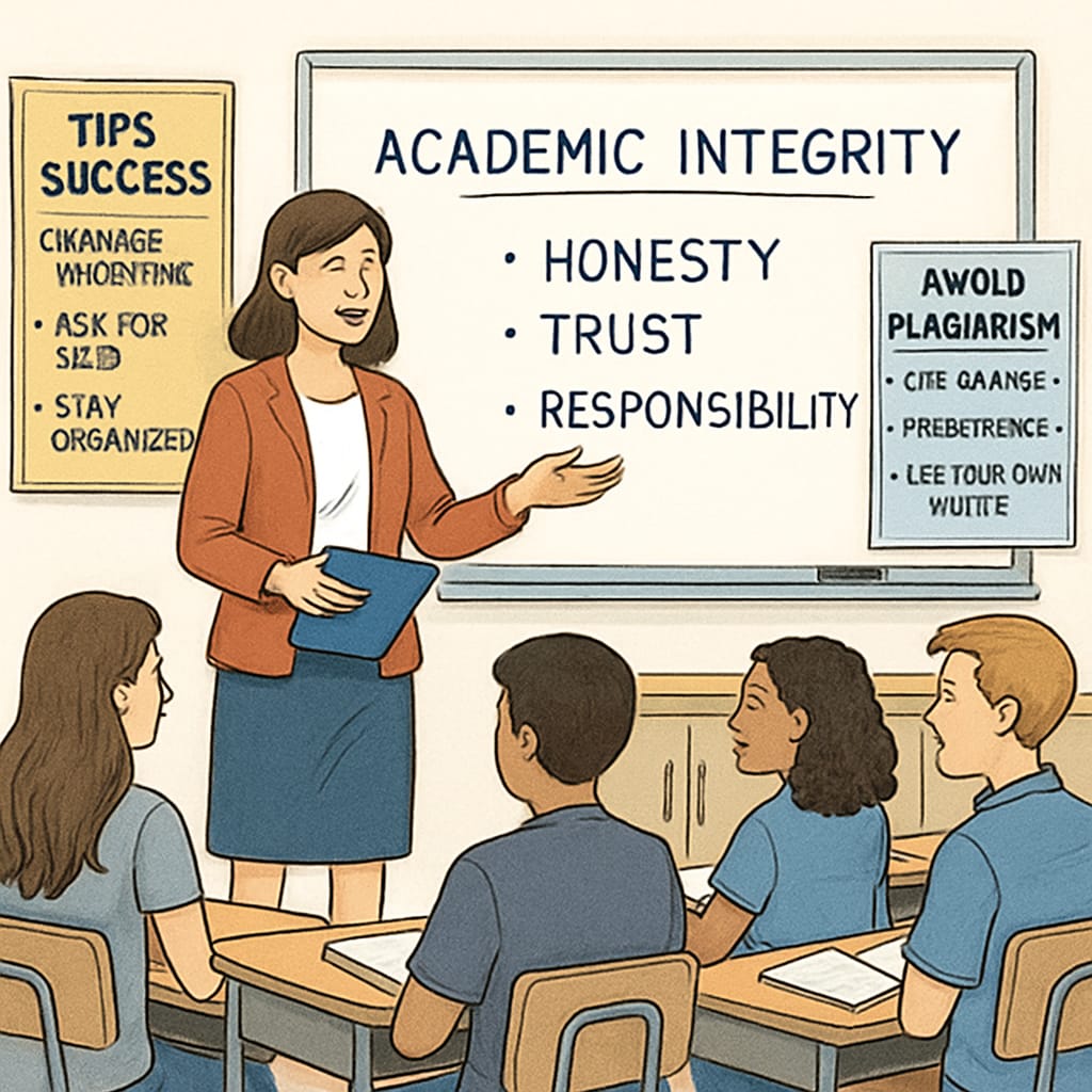 Teacher discussing academic integrity with students in a classroom, highlighting ethical education.