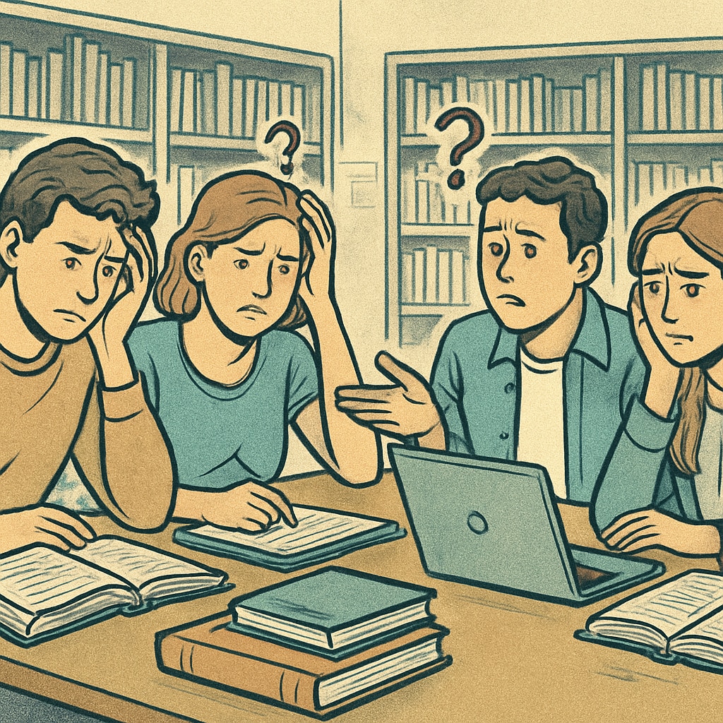A group of college students sitting in a library, looking frustrated and confused as they discuss their majors. College students struggling with major selection and academic motivation