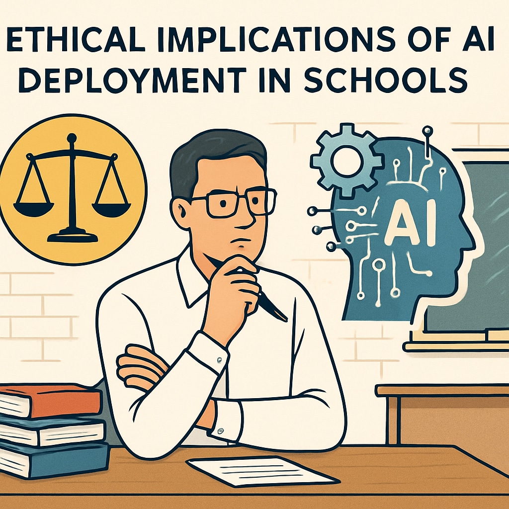 A researcher analyzing the ethical implications of AI deployment in schools. The image emphasizes the controversies surrounding AI in education. Ethical concerns about AI in schools being researched