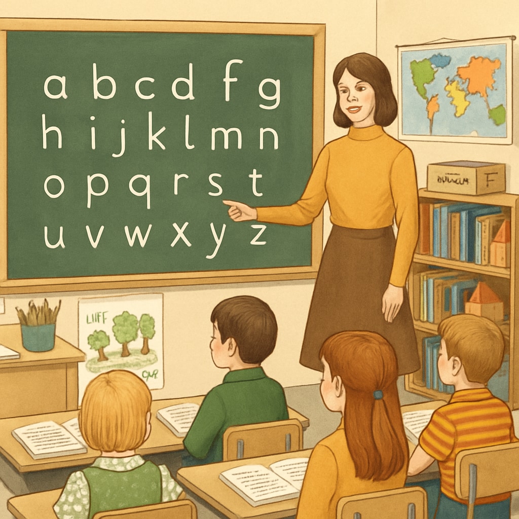 A classroom in the 1970s with children learning the Initial Teaching Alphabet (ITA) displayed on a blackboard. A 1970s classroom showing students learning the Initial Teaching Alphabet (ITA).