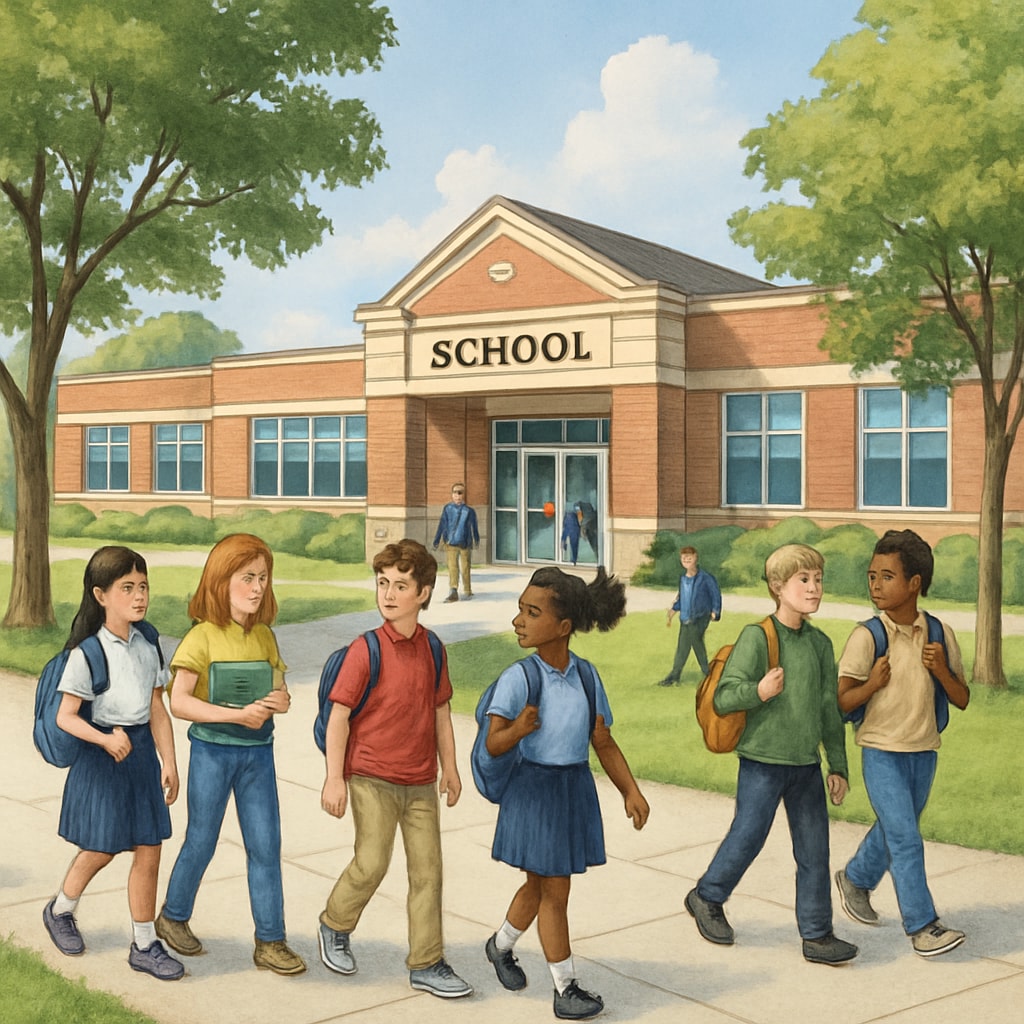 Top-ranked public school building with students walking outside.