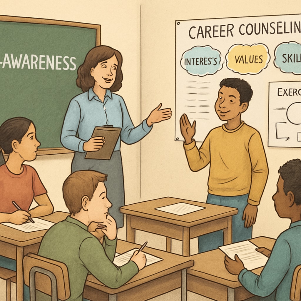 A classroom setting with students participating in a career counseling workshop, highlighting self-awareness activities. High school students engaging in self-awareness and career planning activities