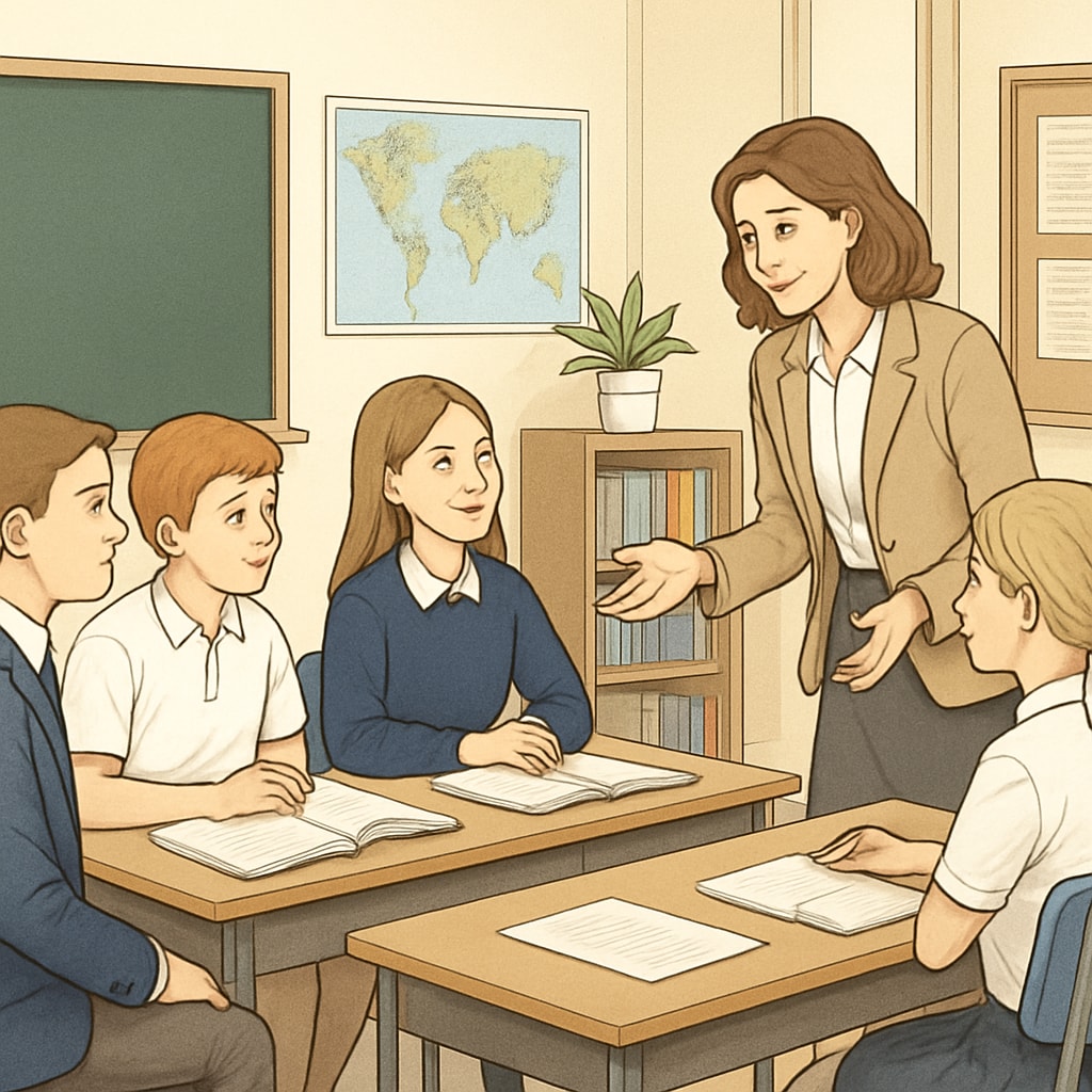 Private school classroom with teacher engaging students in small group discussion.