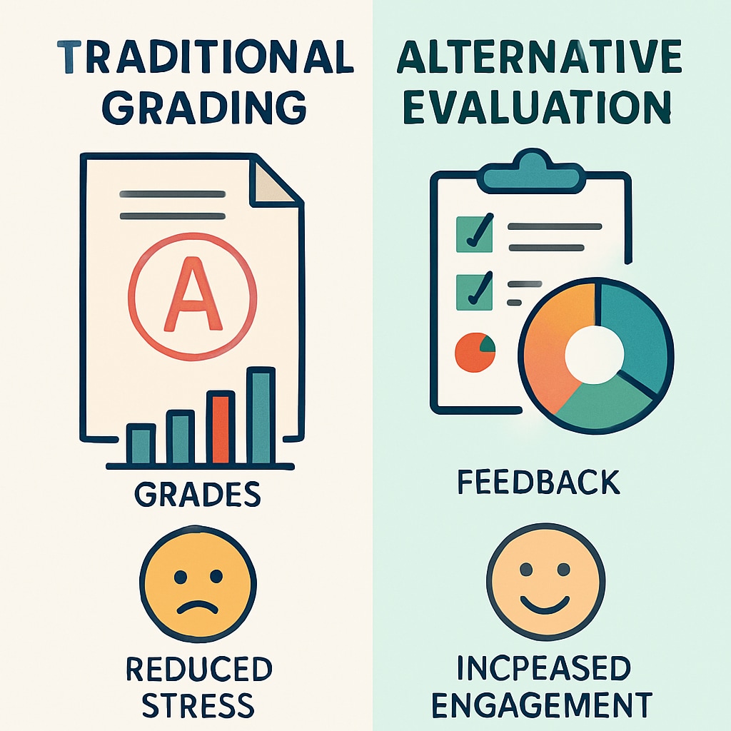 Infographic contrasting grading systems with holistic assessment models.
