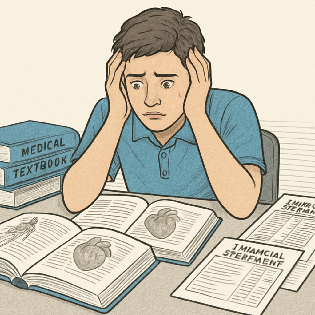 A student sitting at their desk, surrounded by medical textbooks, looking stressed over financial statements. A stressed medical student facing financial challenges, surrounded by textbooks.