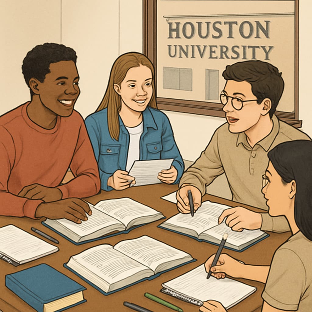 Students discussing and sharing notes in a study group at Houston University.