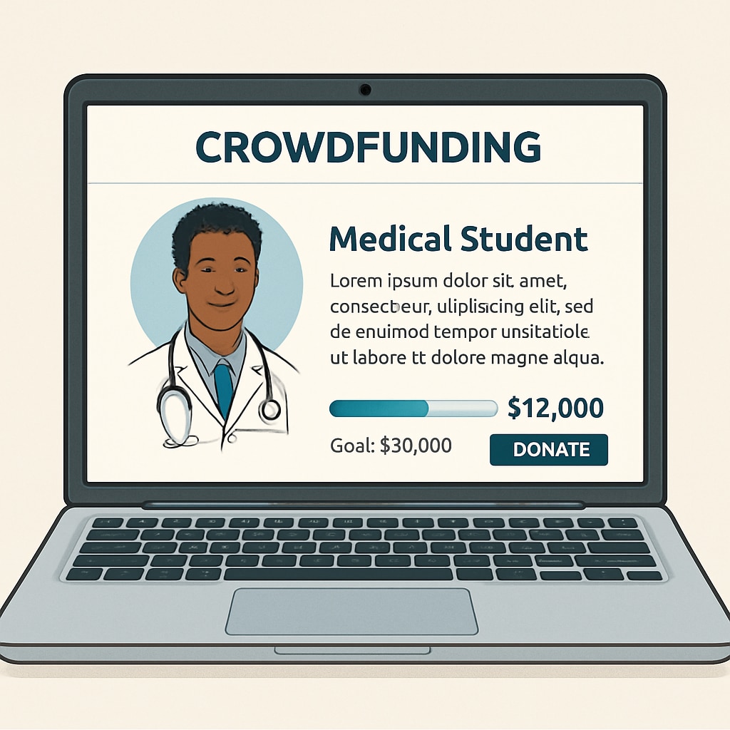A crowdfunding campaign page on a laptop screen, showcasing a medical student's story and funding progress. Crowdfunding page for a medical student seeking financial help for tuition.