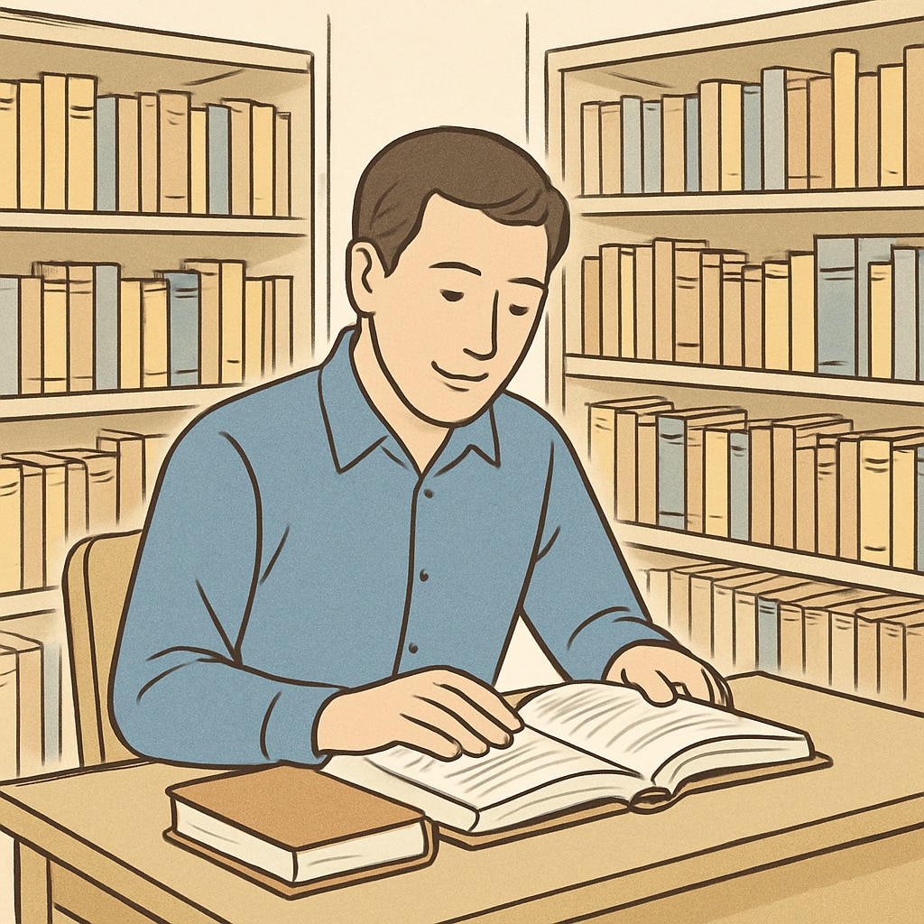 Adult reading in a library, representing foundational knowledge rebuilding.