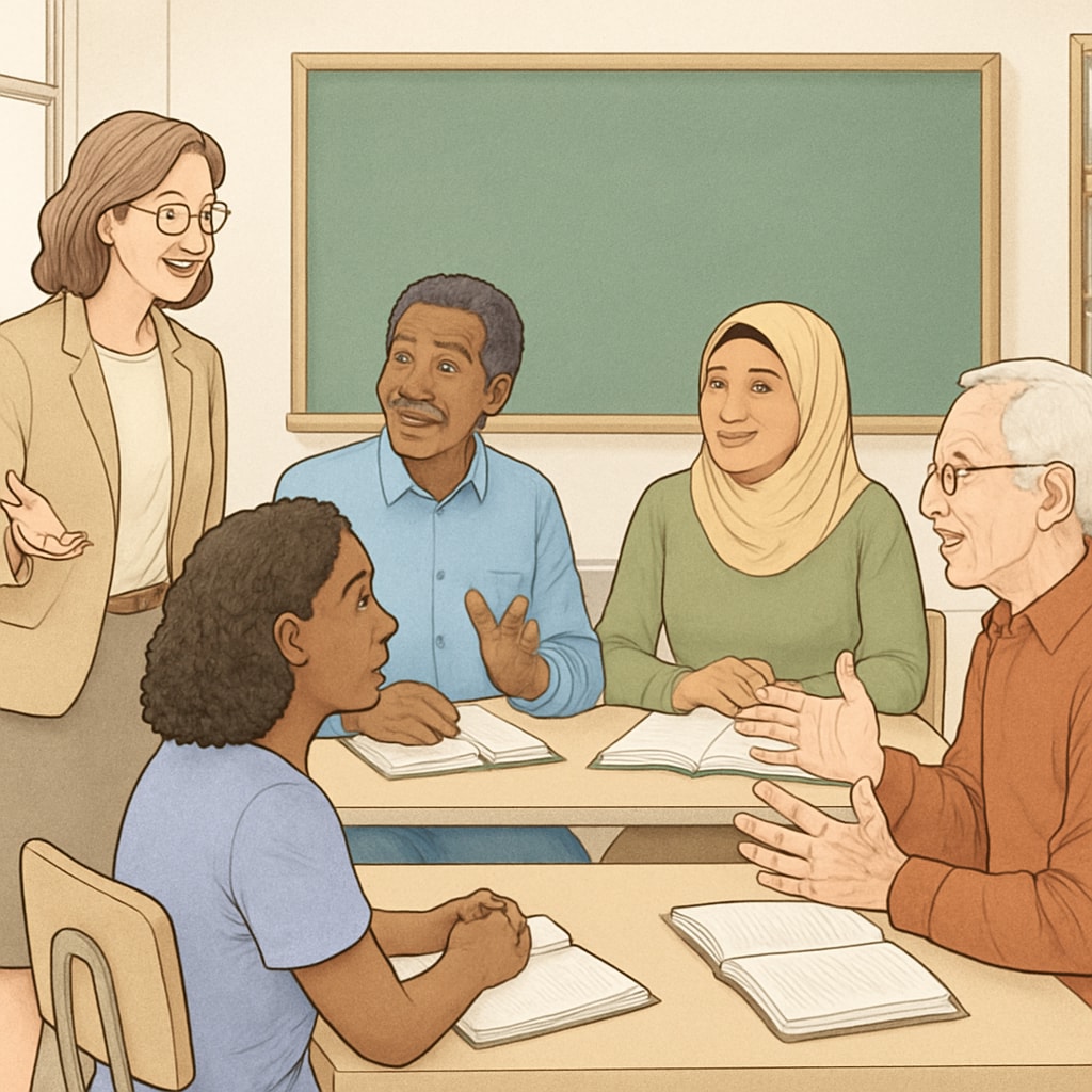 A classroom with adult students of diverse ages engaging in a discussion, symbolizing the inclusivity of formal education. Diverse adult students in a classroom discussing formal education.