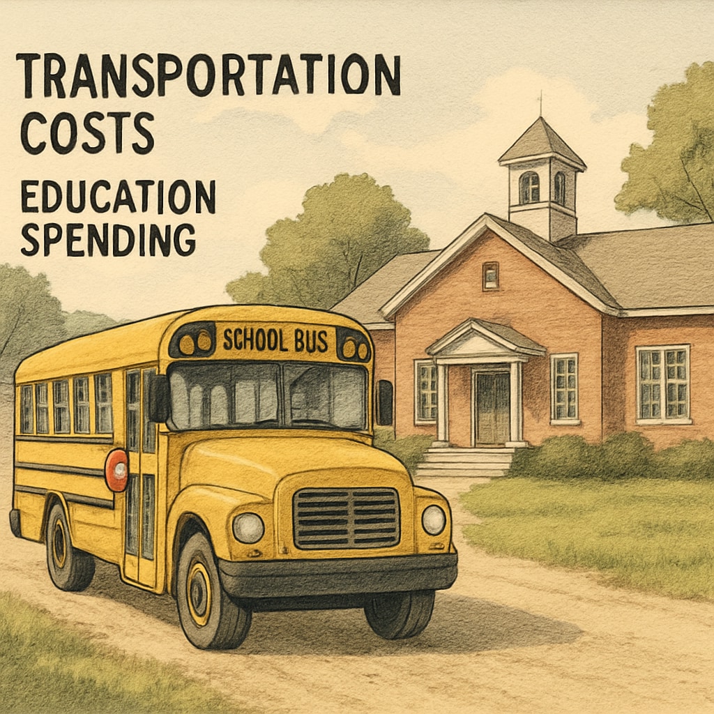 School bus and rural school highlighting transportation costs in per-student spending.
