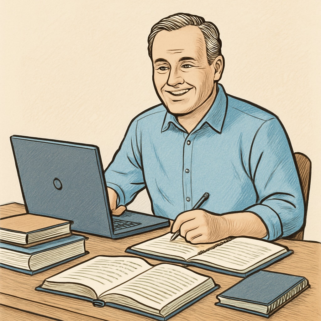 A middle-aged student smiling while studying on a laptop, demonstrating the adaptability of modern education. Middle-aged student studying on a laptop to symbolize modern education for adults.