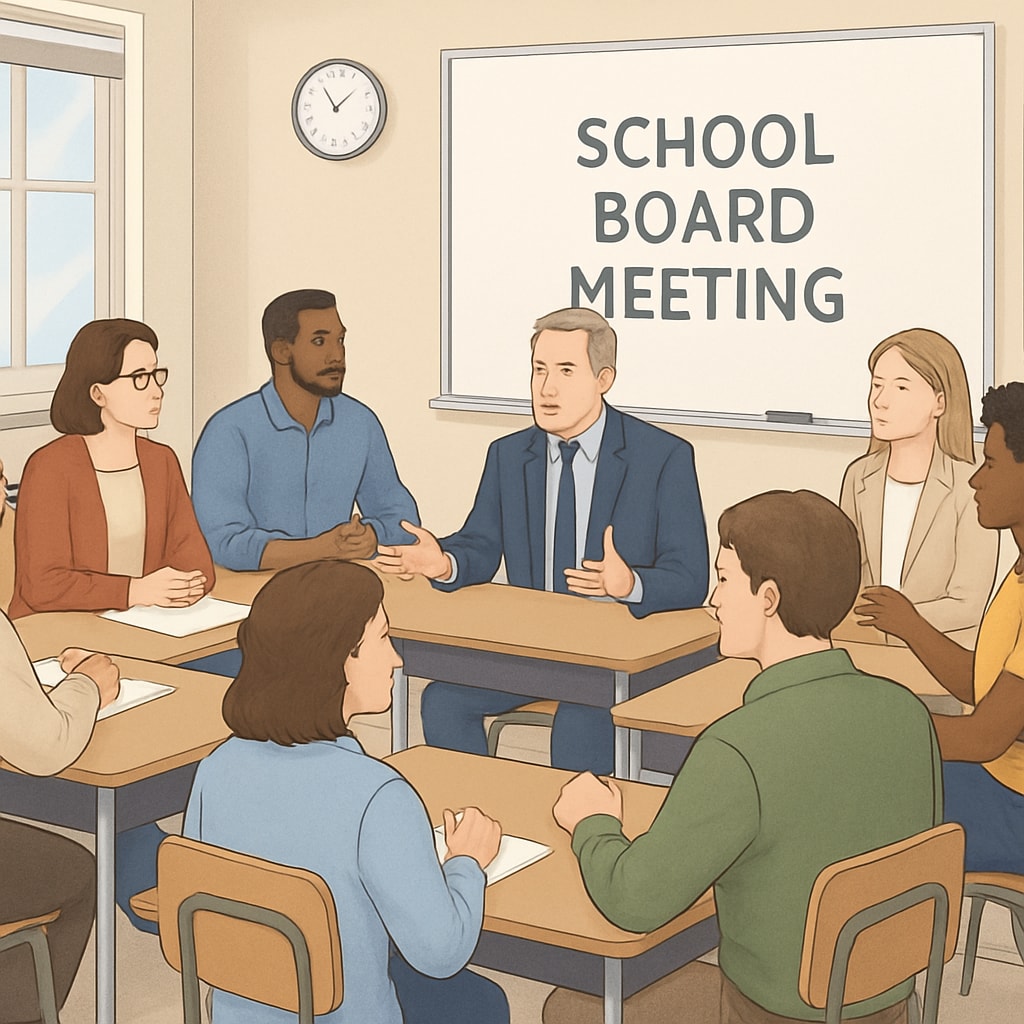School board meeting showcasing governance and community participation in education.