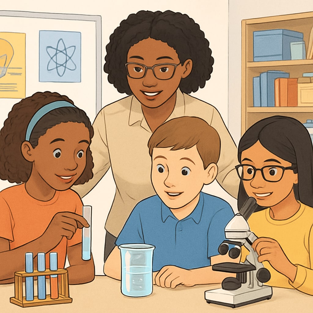 A classroom with diverse students collaborating on a science experiment, with a teacher guiding them. Diverse students and teacher working on a science experiment, supporting English learners.
