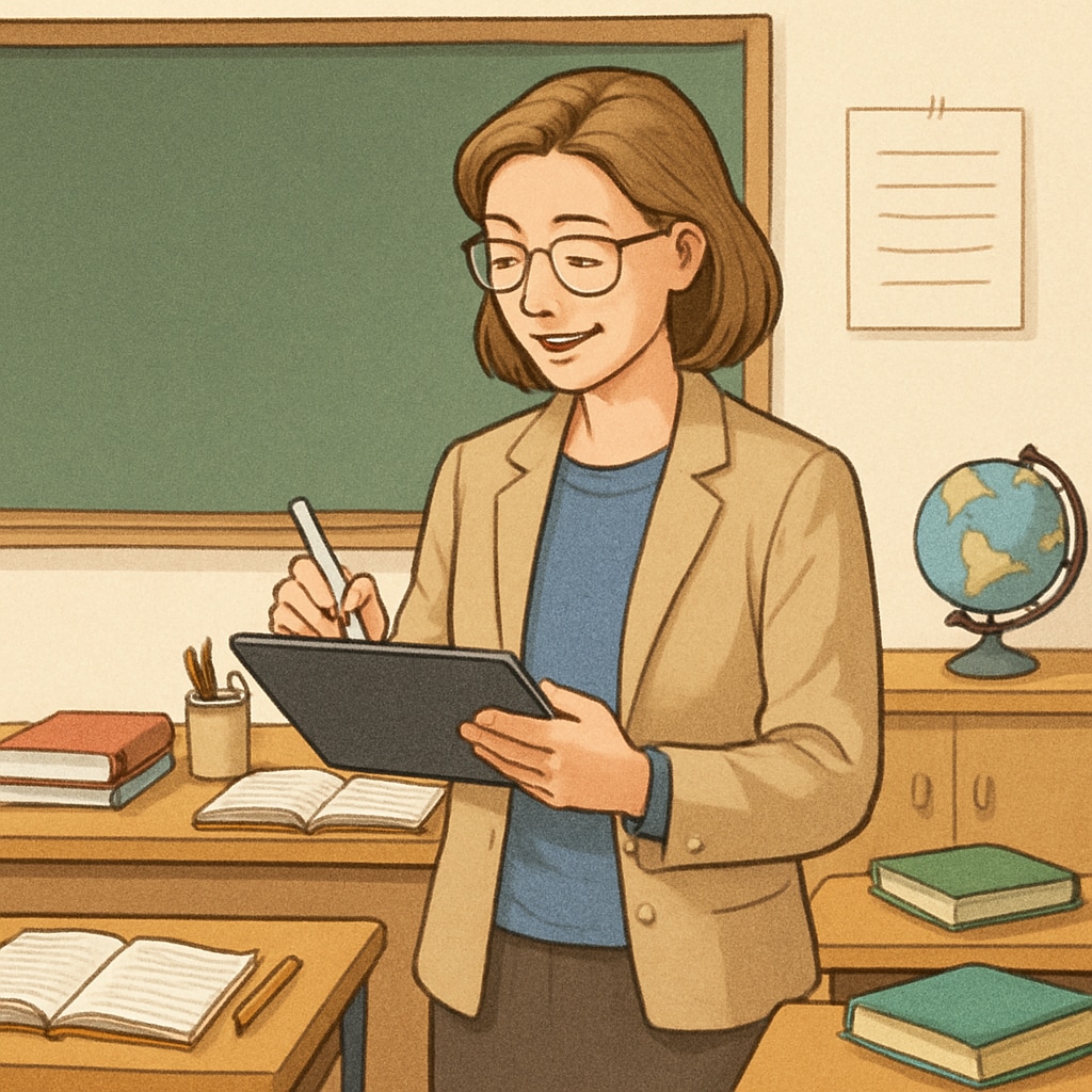 A teacher dictating lesson plans using WillowVoice on a tablet device in a classroom setting. WillowVoice assisting educators in lesson planning with speech-to-text.