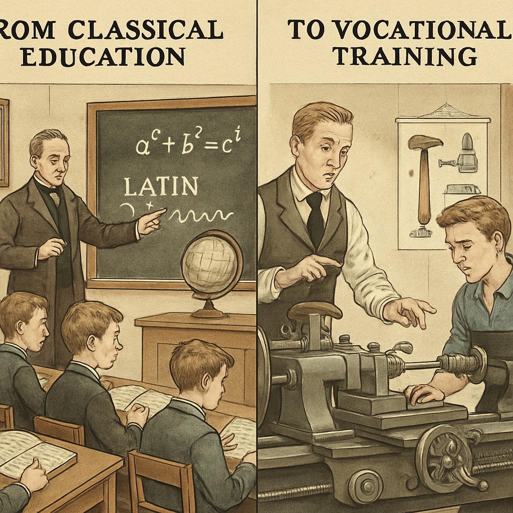 A historical depiction of a 19th-century classroom transitioning to vocational training, highlighting the shift from classical education to industrial-era curricula. 19th-century classroom transitioning from classical education to vocational training.