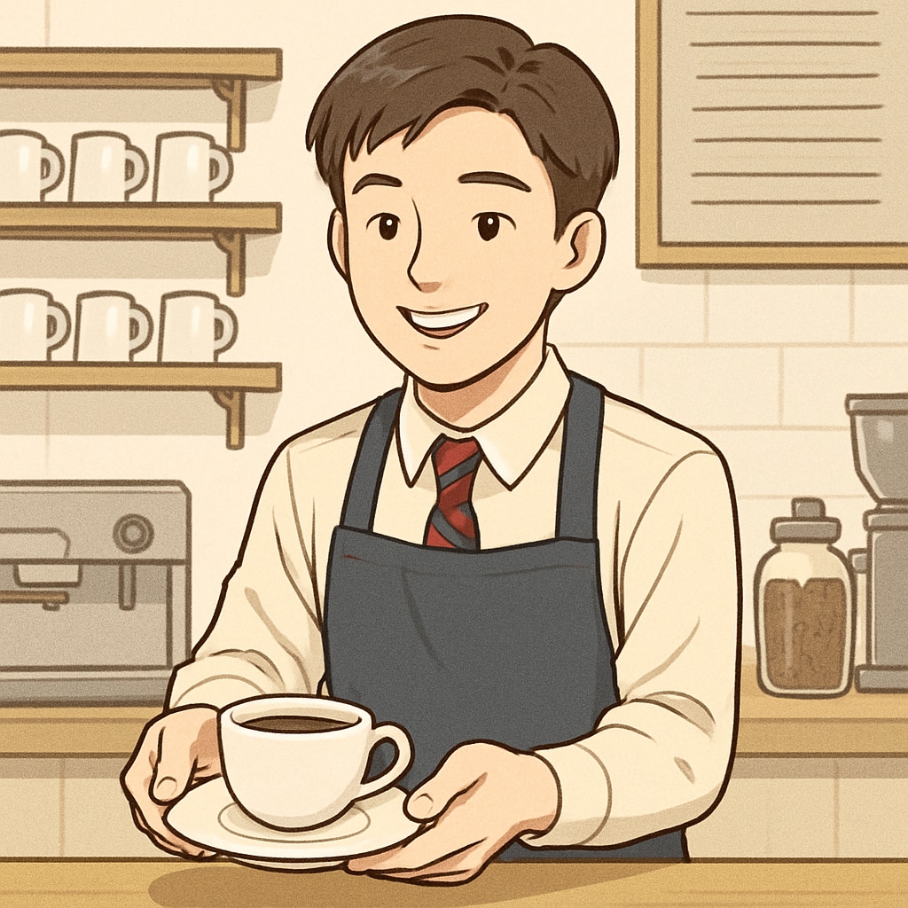 A high school student working part-time at a local cafe, smiling and interacting with customers. The image conveys the balance between work and studies. High school student working part-time at a cafe, balancing studies and job responsibilities.