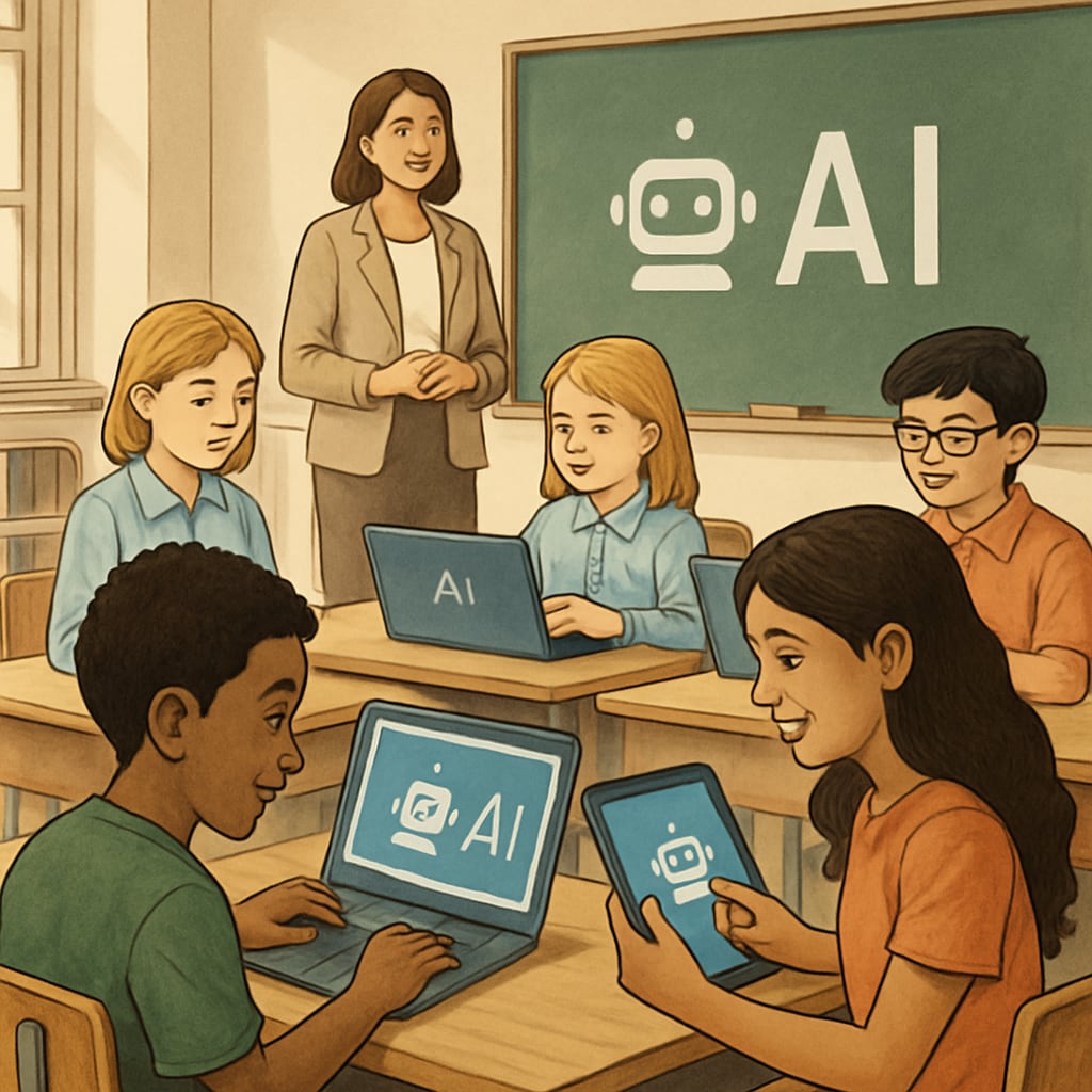 A classroom setting showing students interacting with AI-driven learning tools, such as laptops or tablets, demonstrating AI's role in education. Students using AI-powered learning tools in a classroom setting