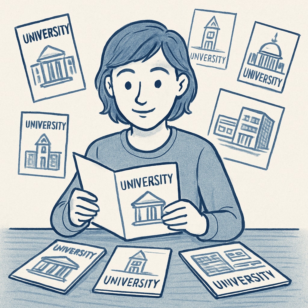A student reviewing university brochures for A-level pathways.