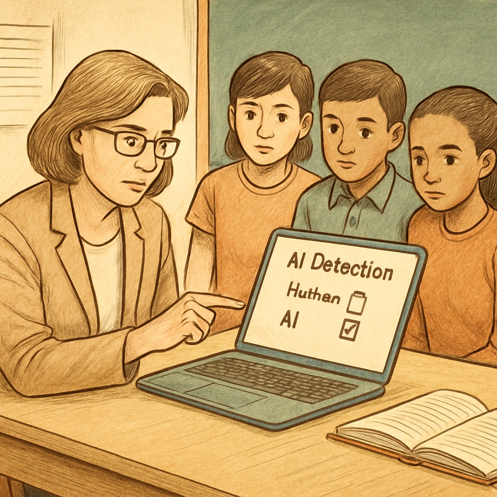 An educator reviewing AI detection results with students, symbolizing human oversight in academic integrity processes. Educator discussing AI detection results with students to ensure fairness.