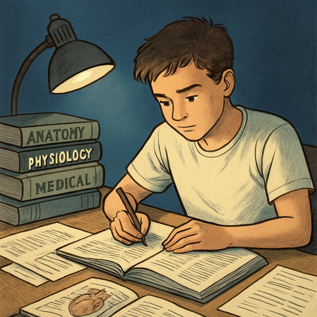 A young student studying late at night, surrounded by medical books and notes, symbolizing the challenge of balancing education and dreams. Student studying late at night with medical books, reflecting educational and career struggles.