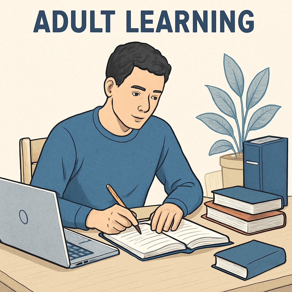 A person studying at a desk with books and a laptop, symbolizing adult learning and self-improvement. Adult studying with books and laptop to overcome educational gaps.