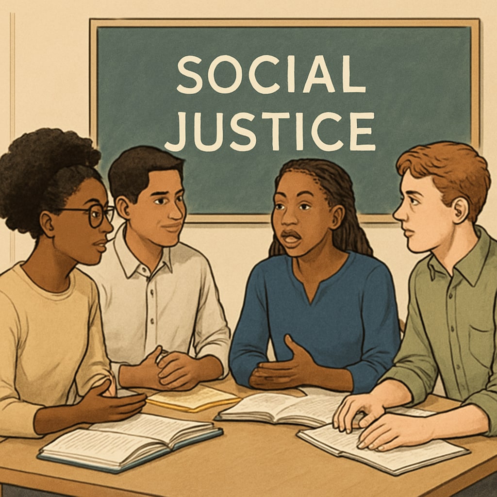 A diverse group of students participating in a classroom discussion about social justice topics. Students discussing social justice in a classroom setting.