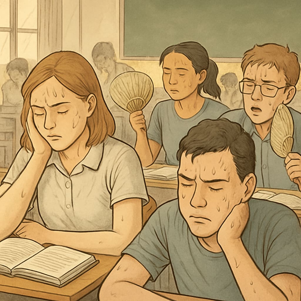 Students in a classroom without air-conditioning during a heat wave, highlighting temperature inequality in education.