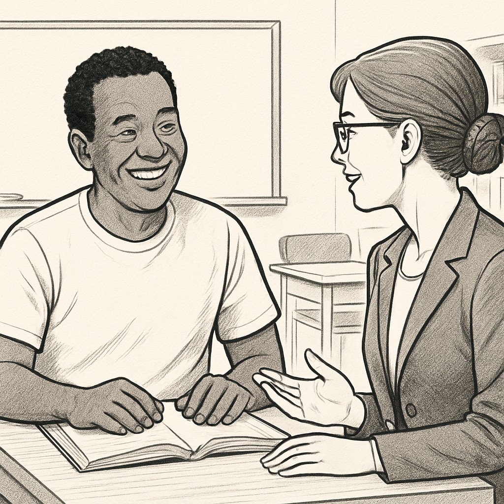 A smiling adult learner in a classroom setting, interacting with a supportive teacher. Adult learner gaining confidence in a supportive classroom environment.
