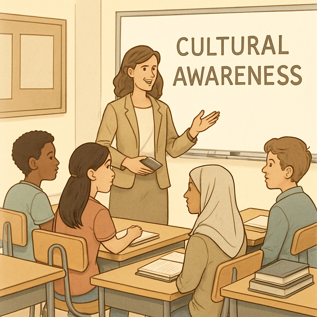 A teacher leading a discussion on cultural awareness with a mixed group of students in a classroom setting. Teacher and students engaging in a cultural awareness dialogue.