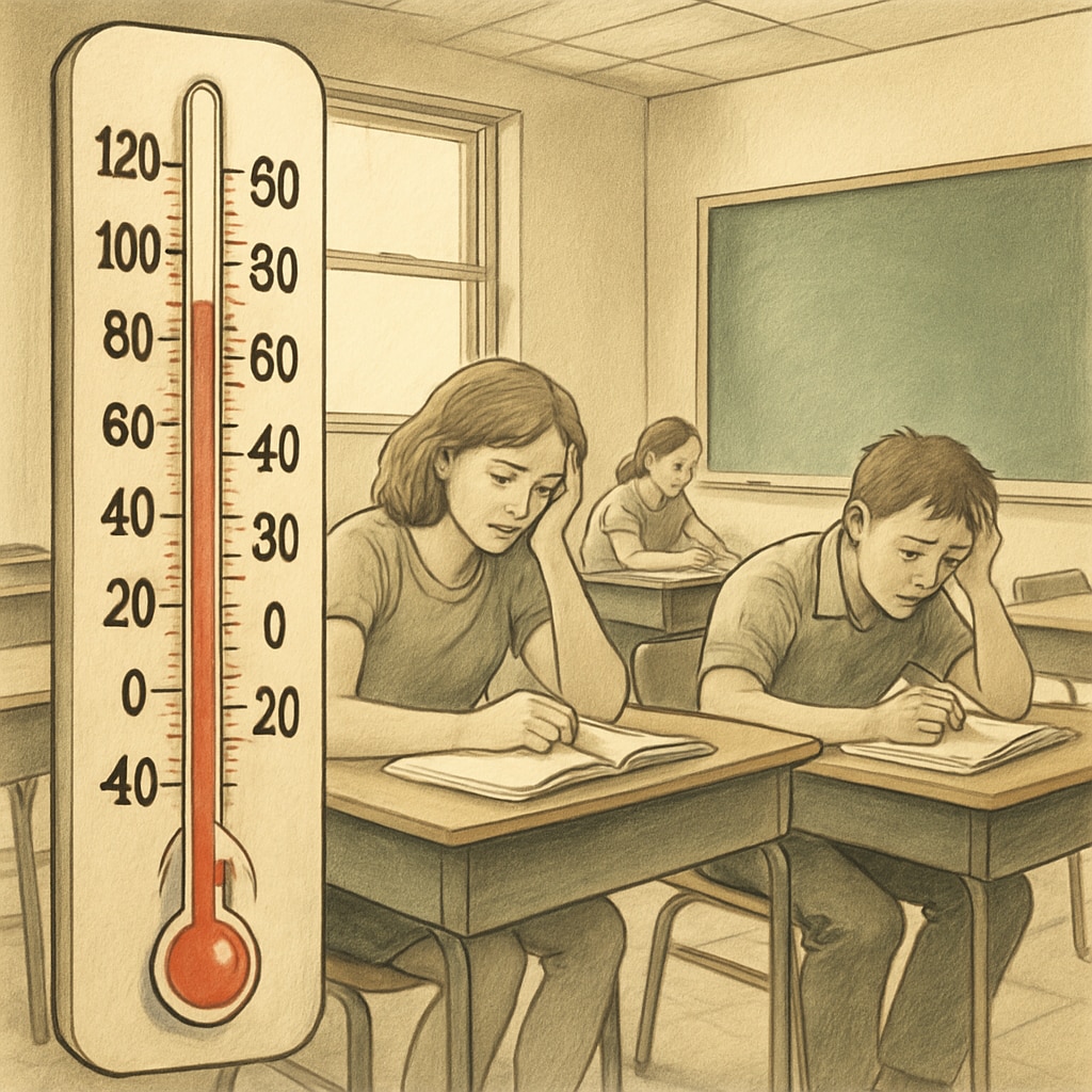 A thermometer displaying high temperatures in a classroom, emphasizing the challenges faced by marginalized students during heat waves.