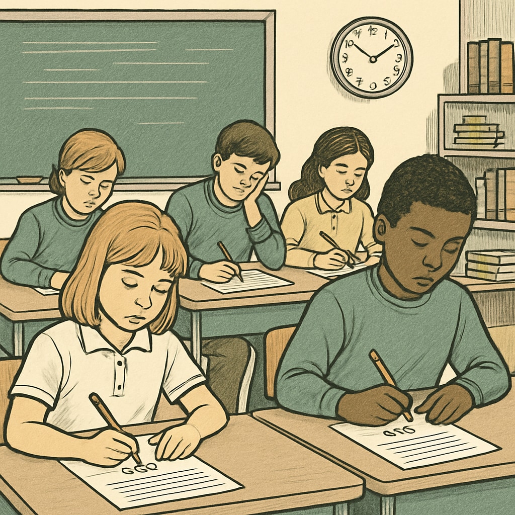 Students in a classroom concentrating on test results, highlighting grading system challenges.