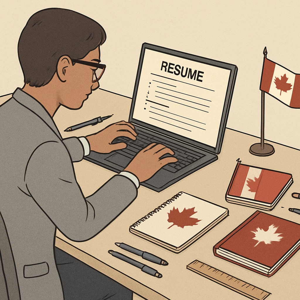 A professional educator updating their resume on a laptop, seated at a desk with Canadian-themed stationery. Educator updating resume for Canadian job applications.