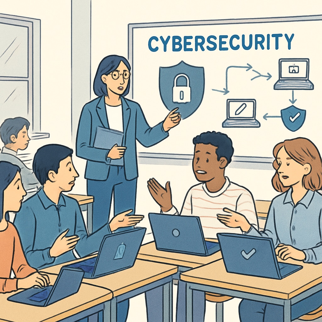 Students in a cybersecurity workshop exploring solutions, illustrating practical learning.