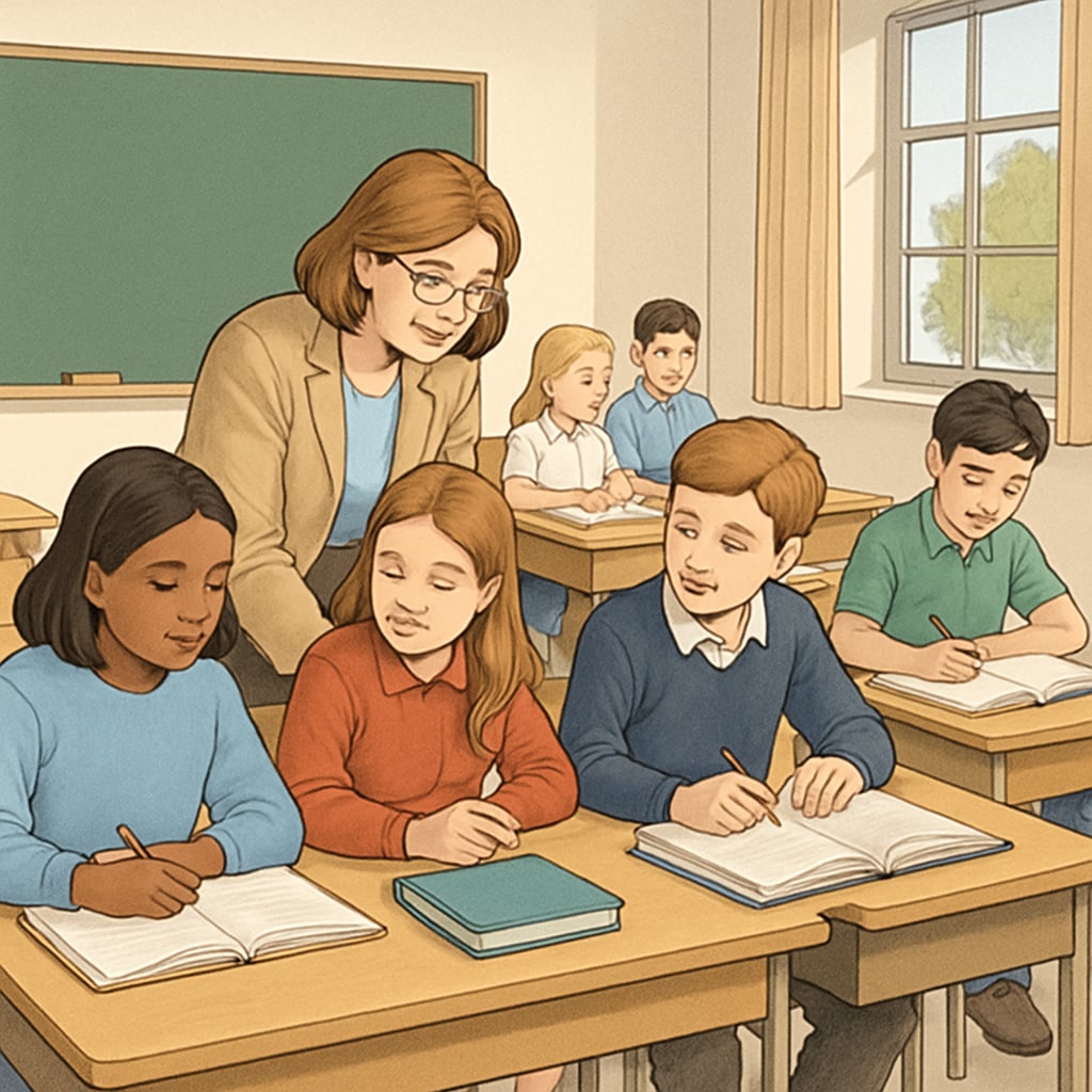 A classroom in a private school setting, featuring small groups of students and personalized instruction. Private school classroom with small groups of students receiving individualized attention.